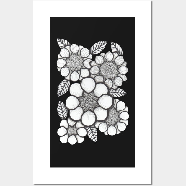 Flowers, stylised black and white daisies Wall Art by krisevansart